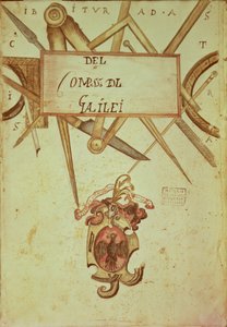 Gal.37 f.3r Frontispice till en kopia av manuskriptet The Operation of Geometric and Military Compasses skrivet av Galileo Galilei (1564-1642) av Italian School