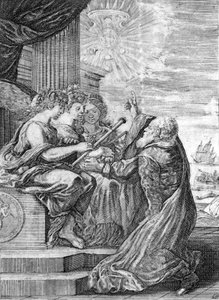 Galileo, astronom (1564 - 1642) presenterar teleskopet för de tre nåderna. Med sin högra hand indikerar han planeten Jupiter med sina satelliter upptäckta av honom själv och tillägnade Medici-familjen. Frontispice de “”Opere di Galileo”” Bologna av Italian School