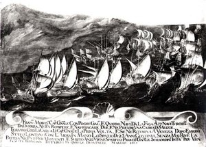 General Francisco Morosini (1618-94) och den venetianska flottan i ett möte med den turkiska flottan utanför Kretas kust, maj 1661 av Italian School