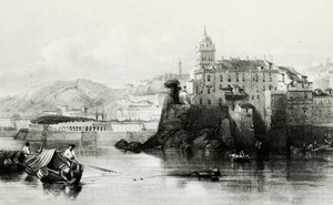 Mur i Genuas småbåtshamn med Villa Doria Pamphili i bakgrunden, gravyr, ca 1850, Italien av Italian School