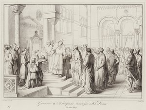 Giovanni II Partecipazio avsäger sig hertigdömet, 887 (gravyr) av Italian School