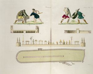 Gladiatorer och en plan för cirkusen i Caracalla, plåt 23A, klass 5 från del I av Nationernas historia, graverad av A. Nani (akvatint) av Italian School
