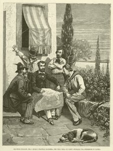 De italienska exilerna, bland vilka flaggbröderna, som på ön Korfu studerar en expedition till sitt hemland (gravyr) av Italian School