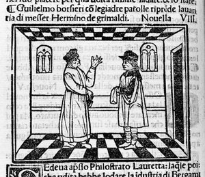 Grimaldis snåla Erminio möter Guglielmo Borsiere, som försöker få pengar ur honom med fina ord. Illustration för den nya 61:an (ny 8 från den första dagen) av "Decameron"" av Giovanni Boccaccio dit Jean Boccaccio (1313-1375), italiensk författare. Engravin av Italian School