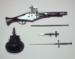Vapengrupp: Wheellock Pistol, Winding Key, Powder Flask och Stiletto av Italian School