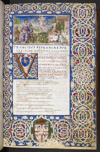 Harley 3567, f.9 Miniatyr av Petrarch och Laura, med kärlek riktad sin pil mot Laura, från 