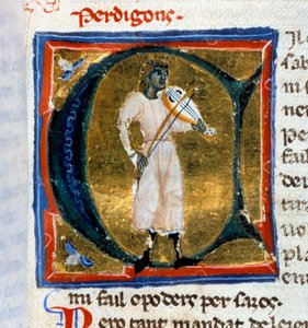 Historikerbrev (bokstav A). Perdigon-trubaduren spelar den gamle mannen. Minatyr hämtad från manuskriptet "" Chansonnier provencal"" (Folio 36), skriven av Perdigon och kopierad av Atelier of Venice-Padua av Italian School