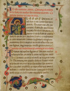 Historikert initial "A" som visar St. Theodore, från en Mariegola, 1350 (bläck på veläng) av Italian School