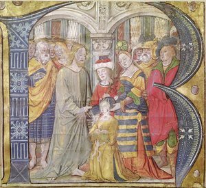 Historikerad initial B som visar Kristus som helar en besatt kvinna av Italian School
