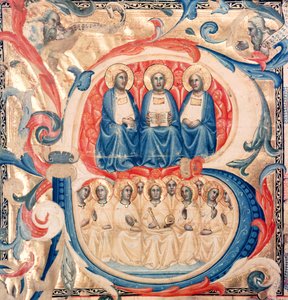 Historikerad initial B som visar treenigheten och Kristus omgiven av änglar, Bolognese School, c.1340-50 av Italian School