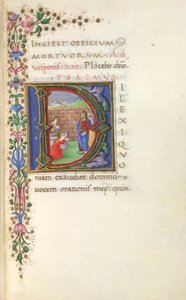 Historierad initial "D" (ilexi) av Kristus som uppväcker Lasarus från de döda, och partiell kant, i början av Dödsoffret av Italian School