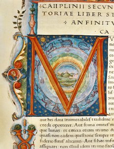 Historikert initial "M" som visar himlen och zodiakens tecken, från "Naturalis Historia" av Plinius den äldre (vellum) av Italian School