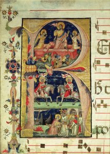 Historikert initial R som visar uppståndelsen, två riddare och ett biskopshelgon som tar emot reliker av Italian School