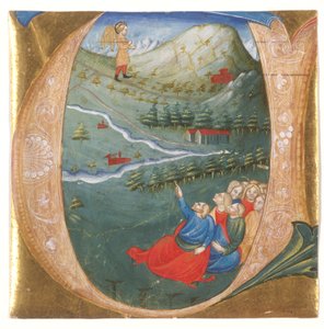 Historikerad initial föreställande Elisa i Elias mantel, utskuren från ett antifonarium, ca 1440 (tempera & bladguld på pergament) av Italian School
