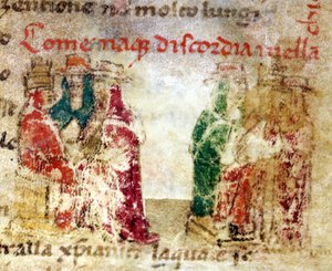 Hur oenighet föddes i Roms kyrka (schism) mellan 1378 och 1417: manuskript från 1300-talet.@- i "" Croniche del Sercambi"". Riksarkivet, Lucca. av Italian School
