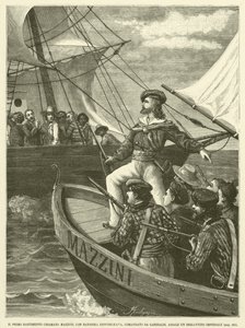 Det första varvet som heter Mazzini, med republikansk flagga, under kommando av Garibaldi, Assale An Imperial Brigantion (gravyr) av Italian School