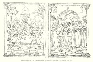 Illustration från en kopia av Decameron, tryckt i Venedig 1492, I (gravyr) av Italian School