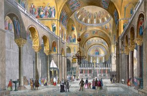 Interiör av San Marco-basilikan, med utsikt mot kupolen, från Views of Venice av Cecchini, Pividor och Viola, c.1850 (handfärgad litho) av Italian School