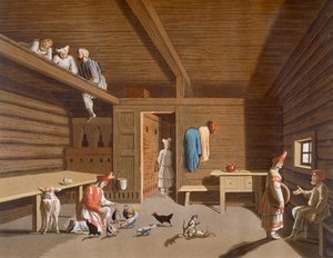 Interiör i ett ryskt bondehem, ca 1820-30-talet av Italian School
