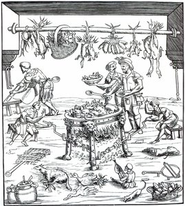 Interiör i ett italienskt kök, efter träsnitt i Banchetti composidi di Vivende av Christoforo di Messisburgo, publicerad 1549 av Italian School