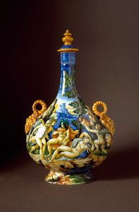 Io et Juno Keramikkaraff tillverkad i Urbino i verkstaden Fontana, Italien. 1500-talets Florens, Museo Nazionale del Bargello - Io och Juno. Keramikkanna från Fontana verkstad, Urbino. 1500-talet. Nationalmuseet i Bargello, Florens, Italien av Italian School