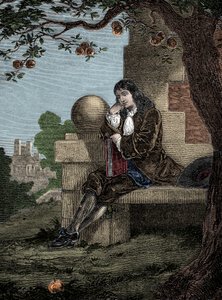 Isaac Newton ser ett äpple falla till marken medan han sitter under ett träd av Italian School