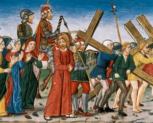 Jesus leder till Golgata och de heliga kvinnorna på vägen. Manuskript av Cristobal de Predis (1440-1486) av Italian School