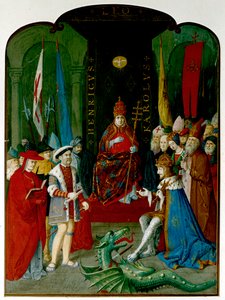 Kung Henrik VIII i tvist med kejsaren Karl V innan påven Leo X. Henrik håller en rulle, som kan vara tjuren från 1521 som ger honom titeln "Försvarare av tron" (bläck & akvarell på papper) av Italian School