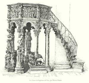 Predikstolen i Baptisteriet i Pisa, av Niccolo Pisano (gravyr) av Italian School