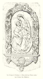 Jungfrun och barnet, terrakottabasrelief med Medici-armarna (gravyr) av Italian School