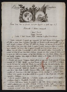Brev på italienska, med en skildring av Brutus den yngres huvud, en brinnande hand som representerar Gaius Mucius Scaevola och franska revolutionens motto av Italian School