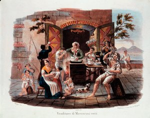 Little Napolitan metier: en säljare av kokta makaroner. I fjärran vesuven vid Neapelbukten. Litografi från 1800-talet. National Museum of Pasta, Agnesi Foundation, Rom av Italian School