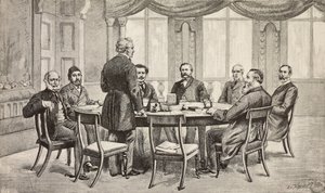 Londonkonferens om Egypten, Storbritannien: greve Munster, Musurus Pasha, Granville (stående), greve Nigra, Waddington, De Staal, Childers, greve Karolyi, gravyr från teckning av Edoardo Ximenes, från L