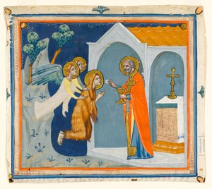 MS McClean folio 201.4 r St. Mary Magdalene, i vildmarken runt Aix, bärs av änglar till St. Maximin, som administrerar sin sista nattvard, ca 1330 av Italian School