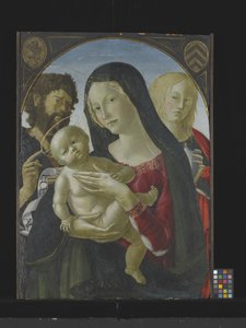 Madonna och barn med St. Johannes Döparen och St. Maria Magdalena (tempera på trä) av Italian School