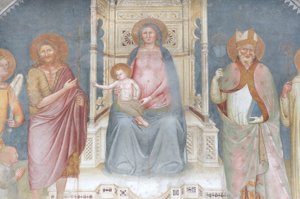Madonna och barn, Ängel Gabriel, Johannes Döparen, Sankt Ambrosius, Sankt Bernard av Italian School