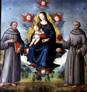 Madonna och barn, flankerad av SS Francis av Assisi och Anthony av Padova (tempera på panel) av Italian School