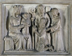 Madonna och barn, med en krigare och helgon, relief skapad av The Masters of Campione. Italien av Italian School