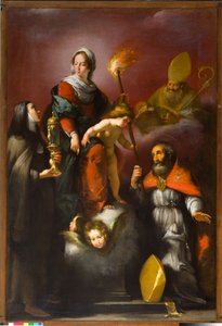 Madonna med barnet och heliga Clare, Ambrose och Erasmus, ca 1625 av Italian School