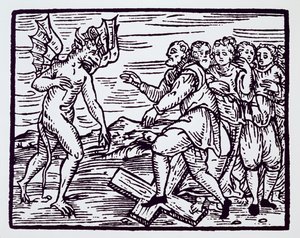Manlig häxa som avsäger Kristus, kopia av en illustration från Compendium Maleticarum av Fr M Guaccius, Milano 1608, använd i History of Magic, publicerad i slutet av 1800-talet