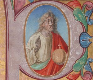Manuskriptbelysning med Salvator Mundi i ett initialt P, från en körbok (tempera, bläck och guld på pergament) av Italian School