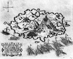 Karta över ön Tinos med den venetianska flottan, 1600-talet
