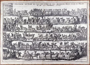 Maskerad: procession och dans av människor masker med anledning av karneval. Milano 1764-02-20 Gravyr från 1700-talet av Italian School
