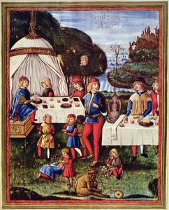 Maximilian Sforza som barn åt en måltid i trädgården, illustration från en kopia av 