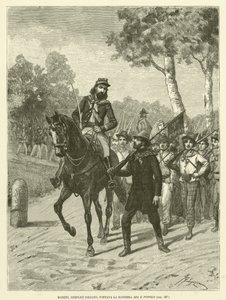 Mazzini, enkel soldat, bar Guds och människors flagga (gravyr) av Italian School