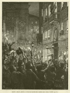 Mazzini i Milano, Arringa folket från balkongen på Albergo Della Bella Venezia (gravyr) av Italian School