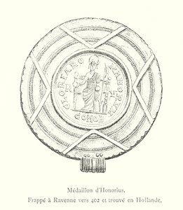 Medallion of Honorius, slagen vid Ravenna omkring 402 och hittades i Holland (gravyr) av Italian School