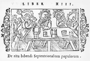 Män som dricker, illustration från History of the Northern Nations av Olaus Magnus (1490-1558), publicerad i Rom, 1555 av Italian School