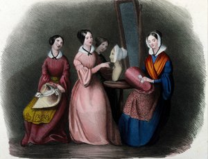 Milanese metier: unga kvinnor fashioned hattar. 1830 Locarno gravyr. av Italian School