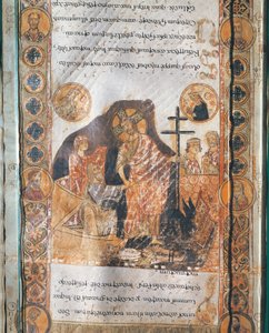 Miniatyr som visar Jesu Kristi uppståndelse från Exultet I (pergament) av Italian School